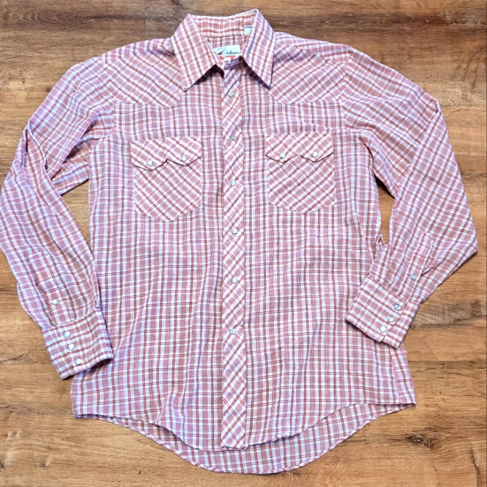 Vintage  Bud Berna Westerner Red and White Casual Pearl Snap Button Down Shirt